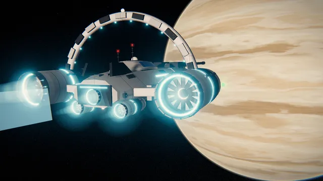 Una nave de cerca, con los motores encendidos, frente a un gigante gaseoso