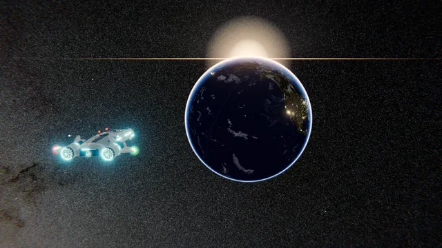 Una nave frente al lado nocturno de la Tierra mientras el Sol sale por el borde del planeta