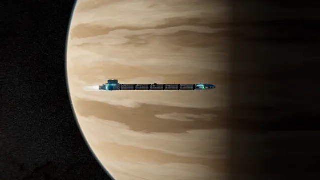 Un carguero largo cruzando frente a un gigante gaseoso con franjas