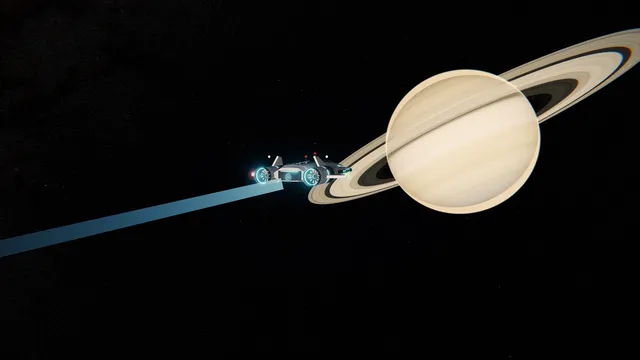 Una nave pequeña saliendo de warp junto a los anillos de Saturno
