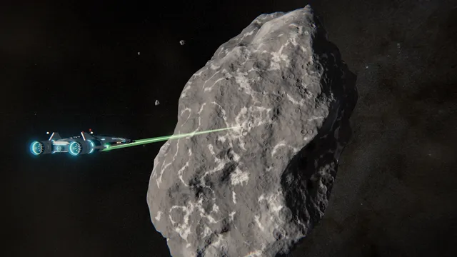 Una nave minera cortando un asteroide gris con un rayo verde