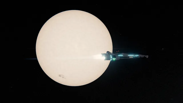 Una nave pasando frente al disco blanco de Alfa Centauri A